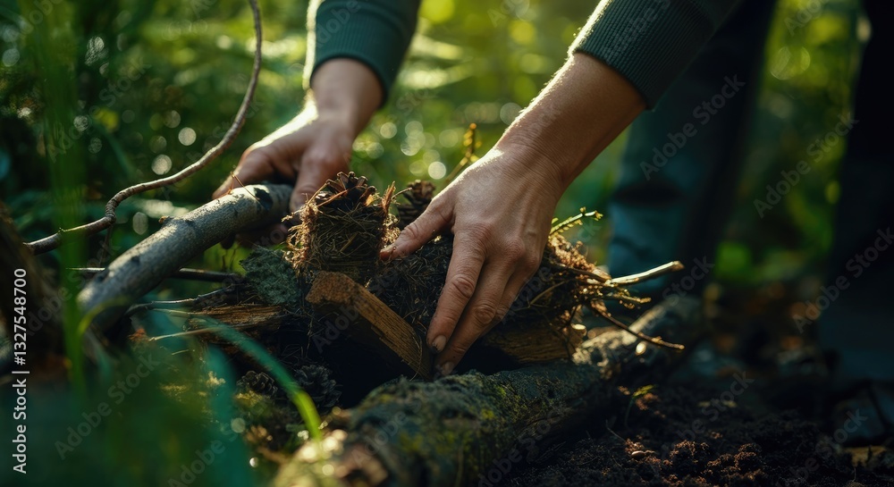 Obraz premium Hands building small campfire in forest setting, surrounded by greenery