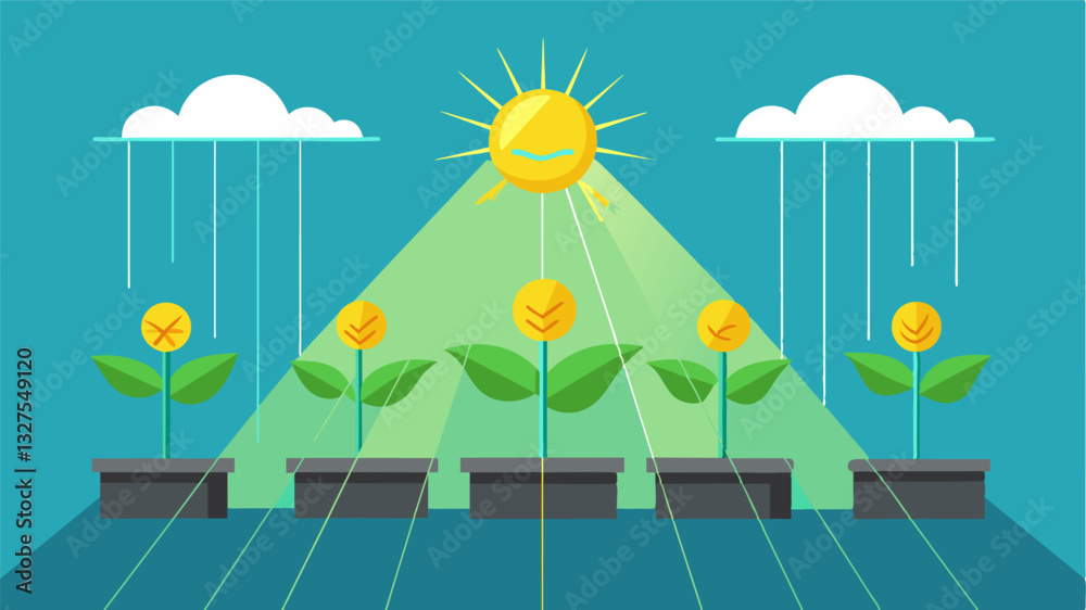 Sunlight simulation technology that mimics natural sunlight patterns providing optimal growth conditions for plants even without natural light sources.. Vector illustration