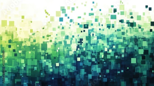 Vibrant mosaic of green and blue square pixels blending together to create an artistic abstract background full of depth and texture
