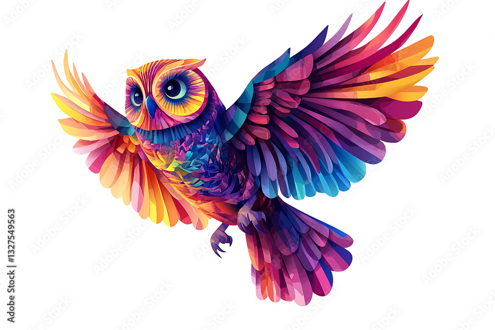 Obraz premium A vibrant, colorful owl in flight, depicted in a striking geometric art style.