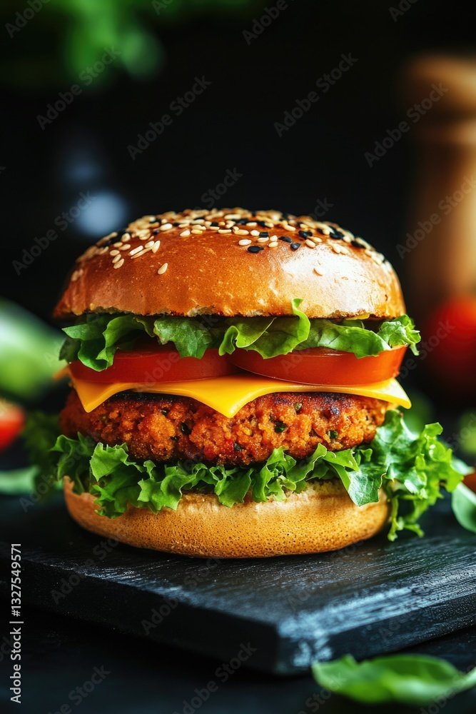Burger on a bun with lettuce and tomato Burger on a bun with lettuce and tomato