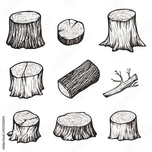 Illustration Set of tree stumps isolated. Natural cut wood