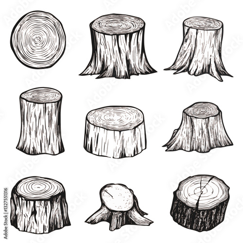 Illustration Set of tree stumps isolated. Natural cut wood