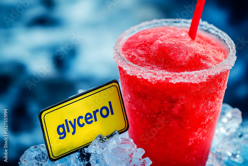 Red slush drink with glycerol warning label on ice against blue background