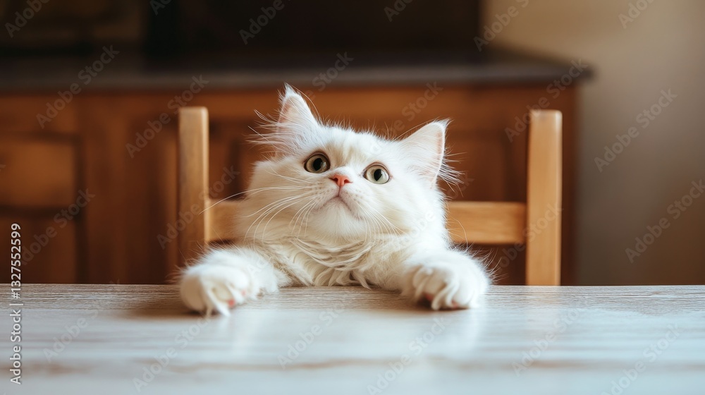 Fototapeta premium A White Cat Looking Up at the Table