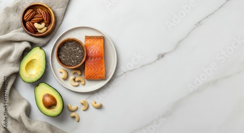 Wallpaper Mural Healthy food selection including salmon, avocado, nuts, and seeds on marble background Torontodigital.ca