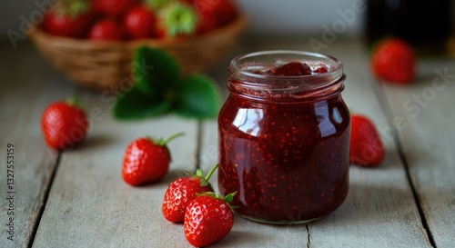 Wallpaper Mural Jar of homemade strawberry jam with fresh strawberries on wooden table Torontodigital.ca