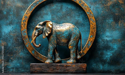 A beautifully crafted elephant sculpture framed by a circular design against a textured blue backdrop, showcasing artistic craftsmanship