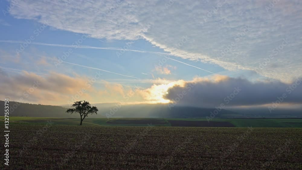 Landschaft, Apfelbaum, Sonne, Wolken Himmel, Sonnenaufgang, Eichelsbach, Elsenfeld, Spessart, Bayern, Deutschland, Europa