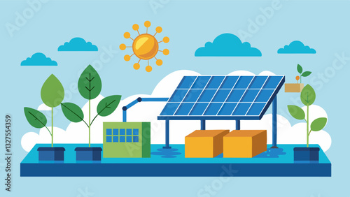 Solar panels powering the entire aquaponic system making it completely selfsufficient and environmentally friendly.. Vector illustration