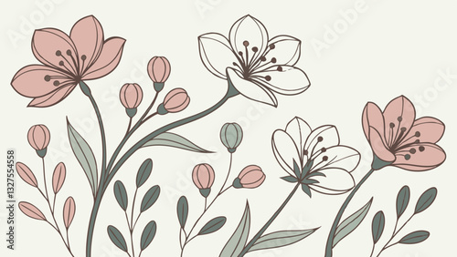 A vector set of six wildflowers in a minimalistic and elegant flat style. Each flower has delicate petals and soft natural colors, arranged harmoniously. 