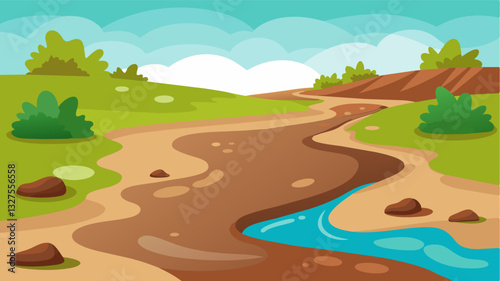 The oncerushing river now a mere collection of stagnant puddles its oncegreen banks a dusty brown.. Vector illustration