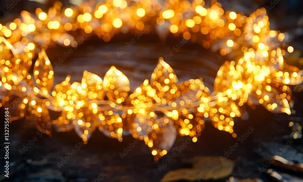 A beautifully illuminated golden leaf crown resting on a dark surface, surrounded by scattered leaves A beautifully illuminated golden leaf crown resting on a dark surface, surrounded by scattered leaves