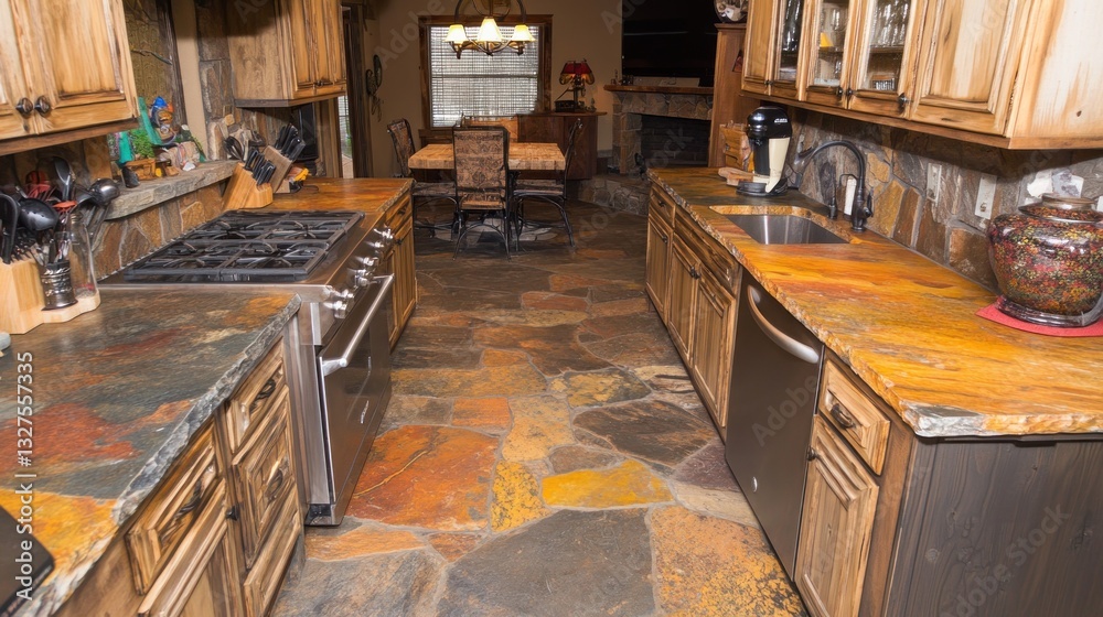 Rustic kitchen featuring stone countertops and a stone tile floor