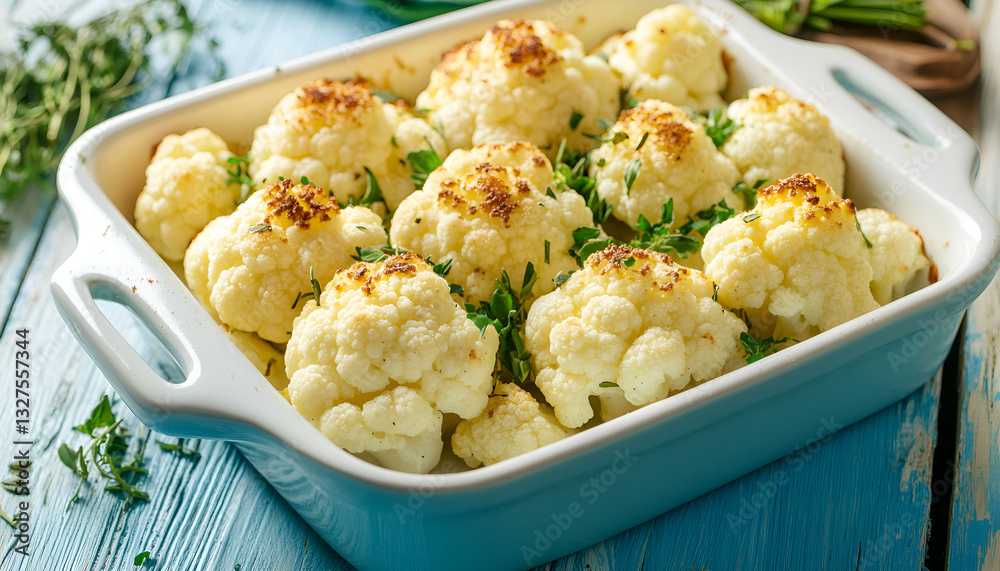 Baked cauliflower in baking dish on blue wooden table Baked cauliflower in baking dish on blue wooden table