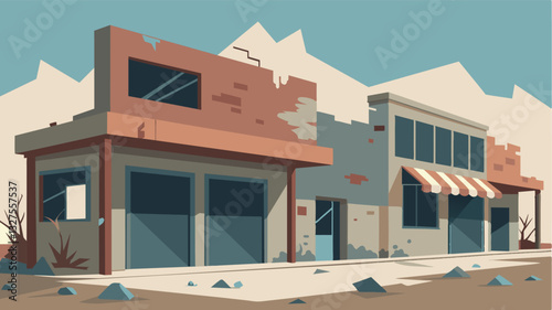 The only evidence of the bustling market that once stood here are the faded signs and dilapidated buildings their paint peeling and windows shattered.. Vector illustration