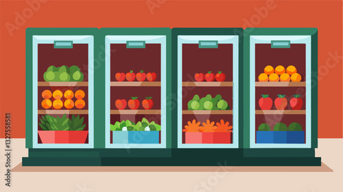 The refrigerated units once filled with fresh produce now stood stark and empty a harsh testament to food scarcity.. Vector illustration