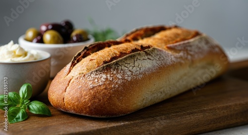 Wallpaper Mural Crusty artisanal bread loaf with olives and butter on wooden board Torontodigital.ca