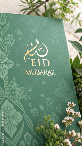Elegant green Eid Mubarak sign with intricate Islamic calligraphy and hanging ornaments, positioned in an outdoor setting.