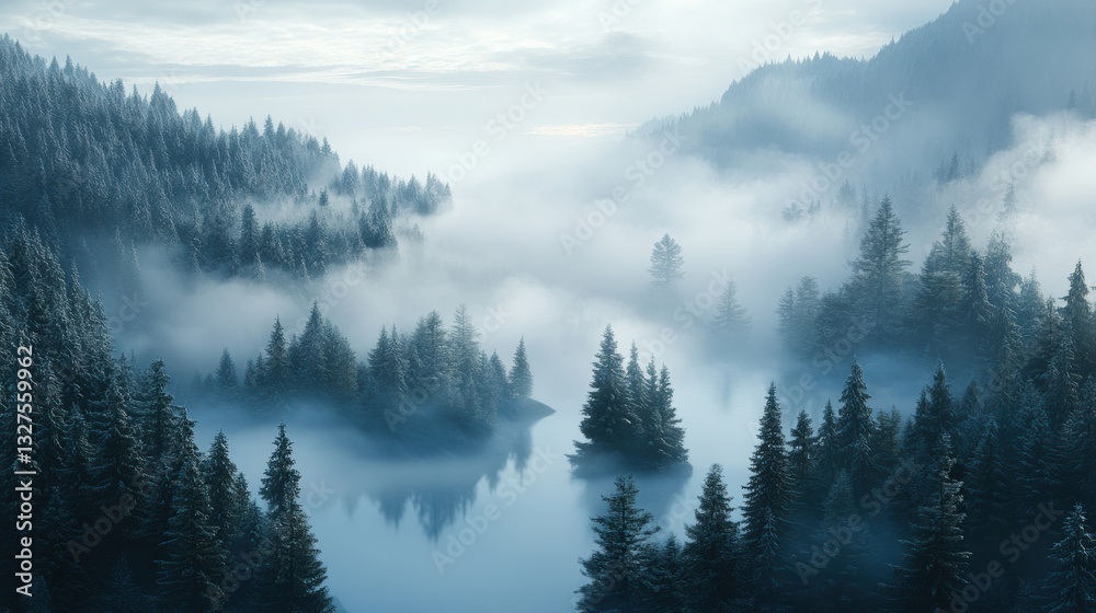 Serene Misty Forest Landscape with Calm Water Reflection and Fog Serene Misty Forest Landscape with Calm Water Reflection and Fog