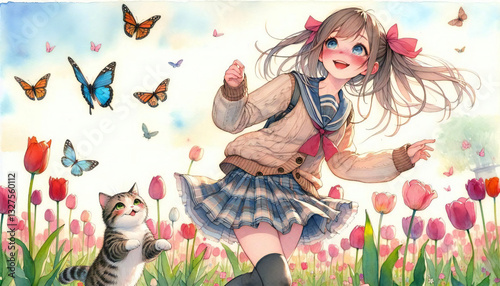 A watercolor painting of a cat and a girl.generated by AI.