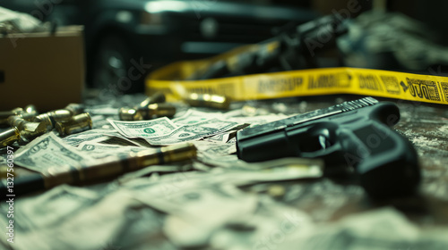 Militia surround crime scene, dangerous item weapon, explosives and money bag flat vector illustration. Police force tape unhooked place offence, design bad fault, evidentiary material gun cash rifle.
