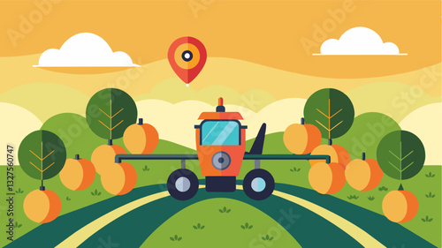 These sprayers are equipped with GPS navigation ensuring accurate and precise coverage of the entire orchard.. Vector illustration