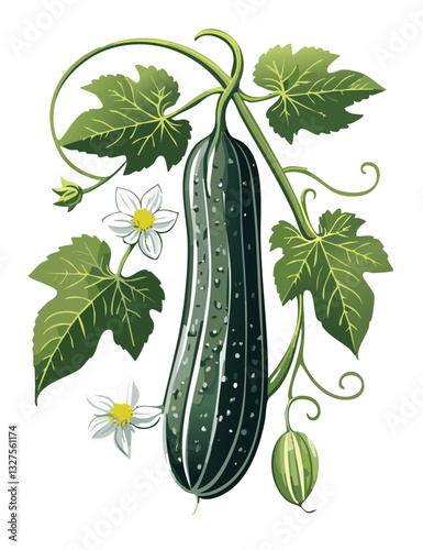 Vector illustration of a cucumber hanging among leaves and shoots.