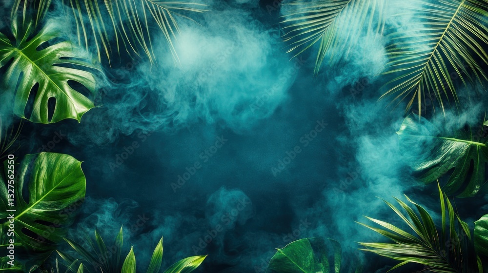 Fototapeta premium Lush Tropical Leaves Enveloped in Misty Green Vapor