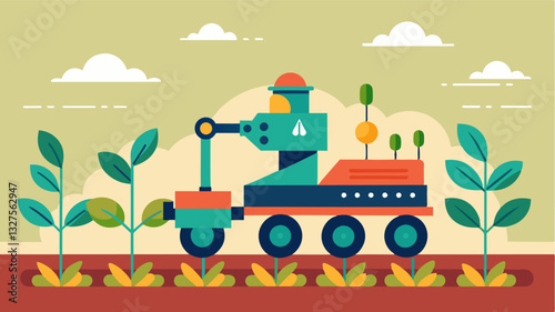 The precision and accuracy of robotic seedling transplanters minimizes the risk of human error resulting in more consistent and uniform crop growth.. Vector illustration