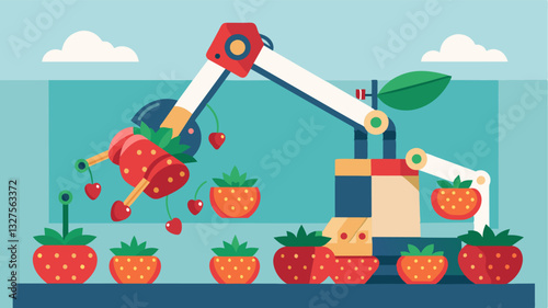 The robotic picker is equipped with a gentle touch mechanism allowing it to handle the delicate strawberries without causing any bruising or damage.. Vector illustration