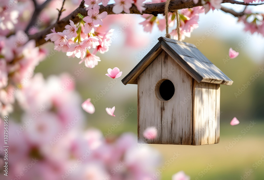 Rustic Wooden Birdhouse Hanging Among Blooming Cherry Blossoms in Spring. Rustic Wooden Birdhouse Hanging Among Blooming Cherry Blossoms in Spring.