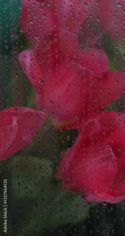 Vertical video of pink tulip flowers behind wet glass with water drops. Floral abstact close up