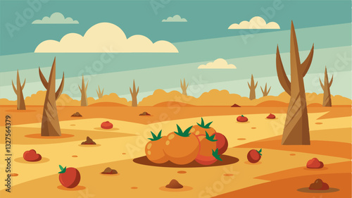 The once bountiful harvest has been reduced to a meager offering tered across the dusty ground.. Vector illustration