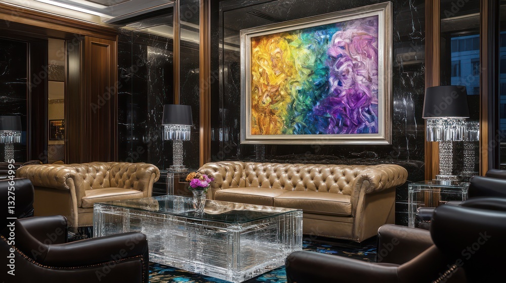 A lavish hotel lobby with soft taupe leather sofas, dark mahogany armchairs, and a clear glass coffee table A lavish hotel lobby with soft taupe leather sofas, dark mahogany armchairs, and a clear glass coffee table
