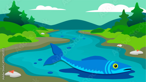 The polluted river is a bleak and somber sight its once vibrant blue waters now a sickly green color. The fish unable to survive in these toxic conditions lie tered along the shore. Vector