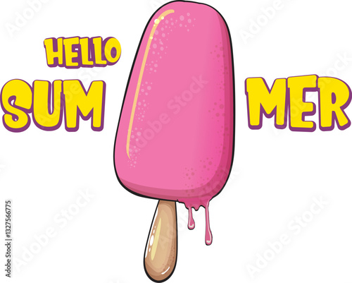 Hello Summer Pink Popsicle with Dripping Liquid, Fun Typography and Bright Colors, Ideal for Seasonal Designs and Summer-Themed Projects