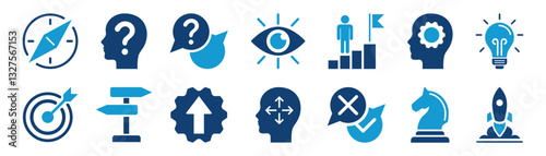 Decision making, uncertainty, strategy, vision, problem solving and career path flat icon set