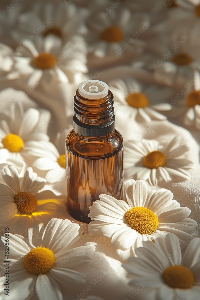 A glass bottle of chamomile essential oil surrounded by fresh white daisies on a soft fabric background A glass bottle of chamomile essential oil surrounded by fresh white daisies on a soft fabric background