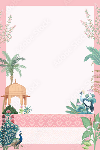 Traditional Mughal wedding invitation card design. Traditional Mughal garden arch, plant, peacock, illustration frame for Invitation.