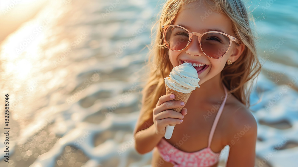 A child enjoying ice cream at the beach on a sunny day. Light blue ice cream in a waffle cone, peachy sunglasses, and blonde hair. Background shows sparkling water and golden sunlight.
