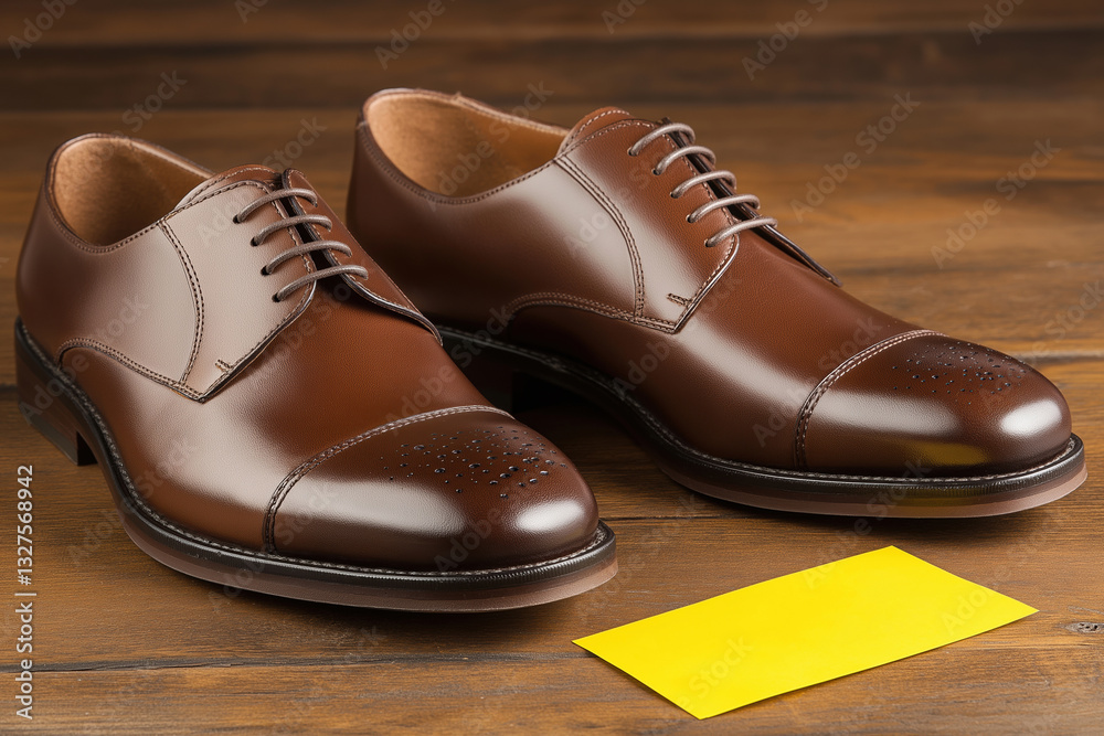 Elegant brown dress shoes displayed on wooden surface with a bright yellow card nearby Elegant brown dress shoes displayed on wooden surface with a bright yellow card nearby