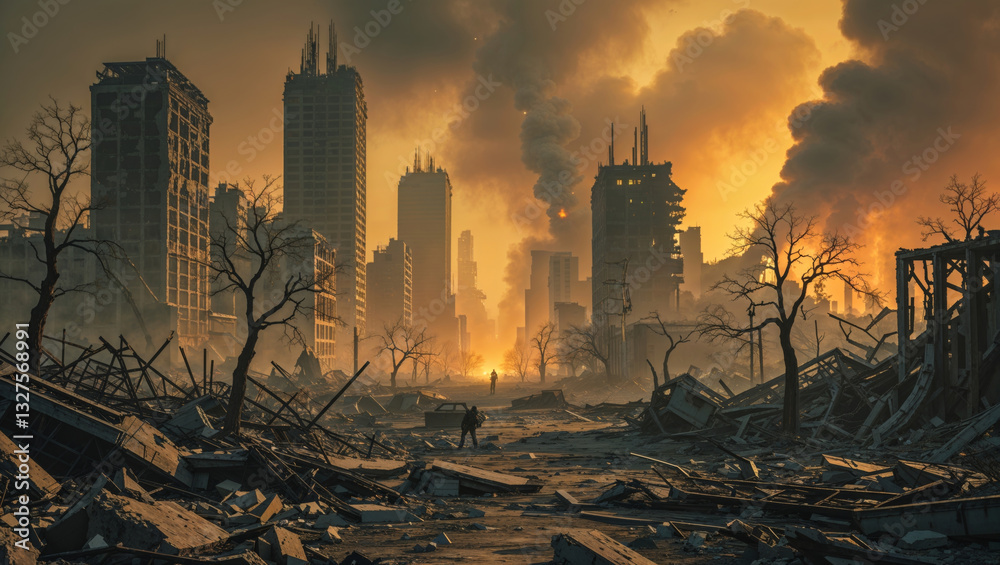 Naklejka premium A scene of urban devastation portrays a post-apocalyptic world with smoke and crumbling buildings under an orange sky.