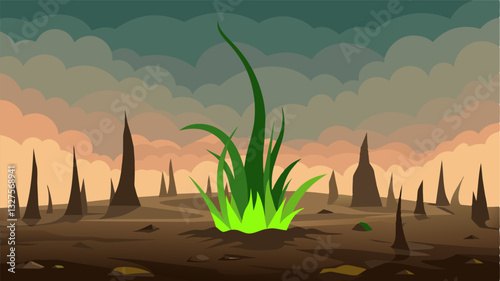 The only sign of life in the field was a lone patch of grass somehow managing to survive and thrive amidst all the burnt and withered plants.. Vector illustration