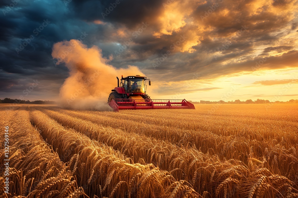 Fototapeta premium Red tractor is driving through a field of wheat. The sky is cloudy and the sun is setting