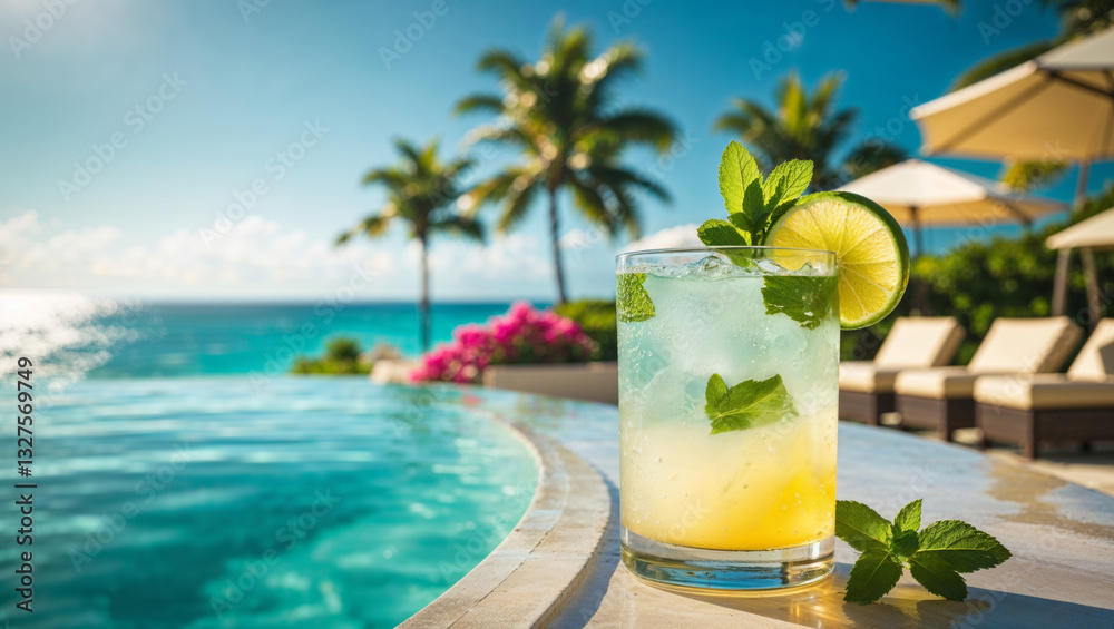 Obraz premium Refreshing mojito with lime and mint sits poolside at a luxury tropical resort with a blue ocean view.