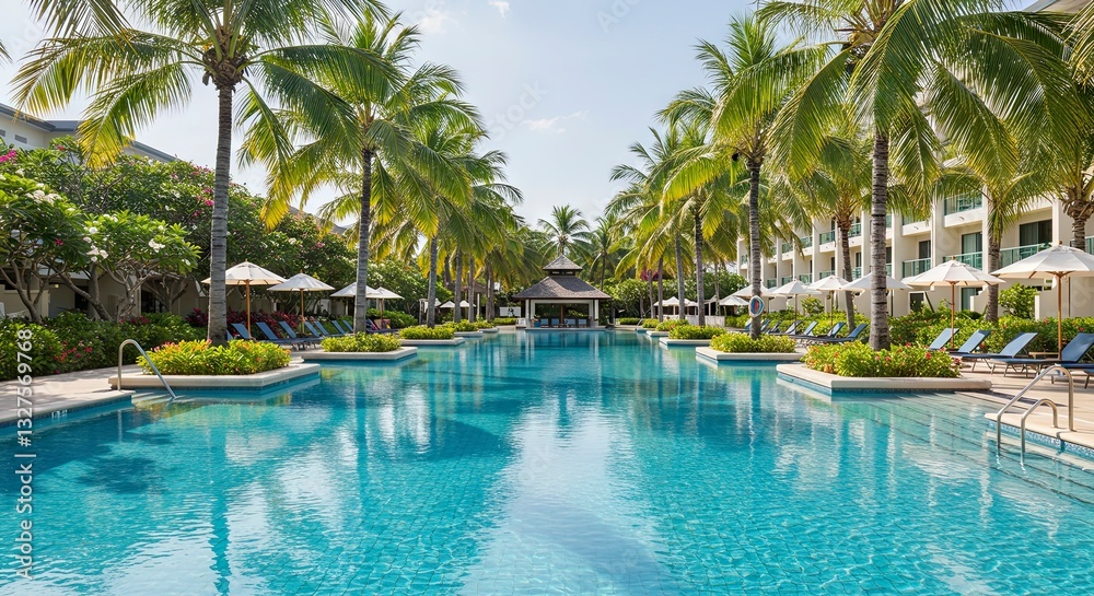 Swimming Pool at Luxury Resort Surrounded by Palm Trees and Lounge Chairs Swimming Pool at Luxury Resort Surrounded by Palm Trees and Lounge Chairs