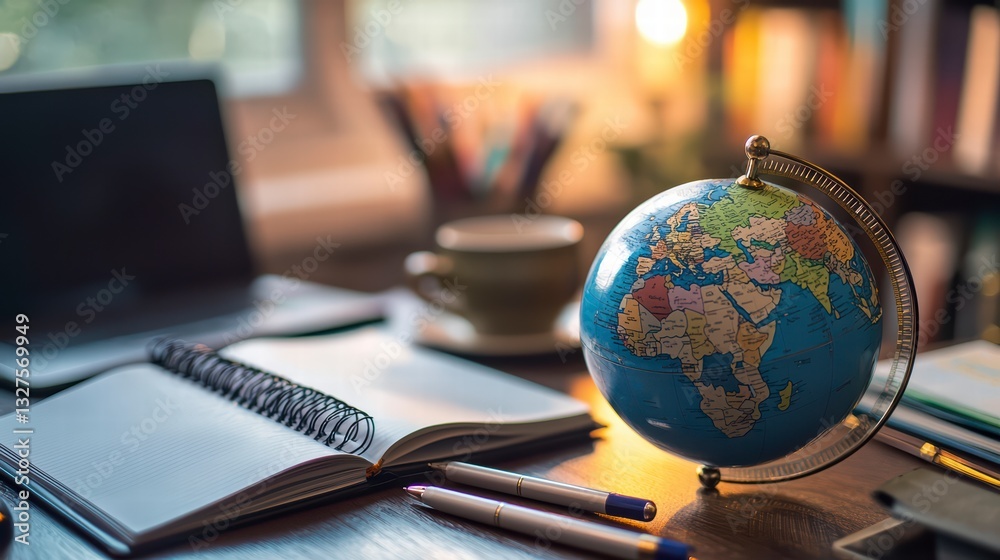 Global Study and Learning: A focused shot of a globe resting on a desk alongside an open notebook and laptop, implying global study and academic pursuits.