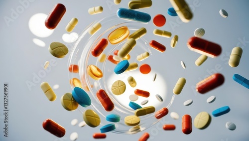 Slow Motion Capture Of Various Medical Pills And Capsules Thrown Into The Air, Isolated On Black Background, Showcasing A Dynamic Explosion Of Brown, White, And Yellow Medicines In Flight.