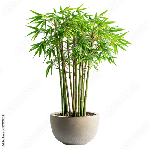 A Potted Bamboo Plant with Tall Slender Stalks Isolated on Transparent Background